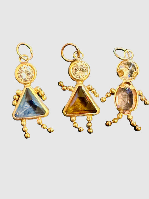 14K Gold Three People Pendants/Charm With Colored Gemstone . vintage-EZ Jewelry and Decor