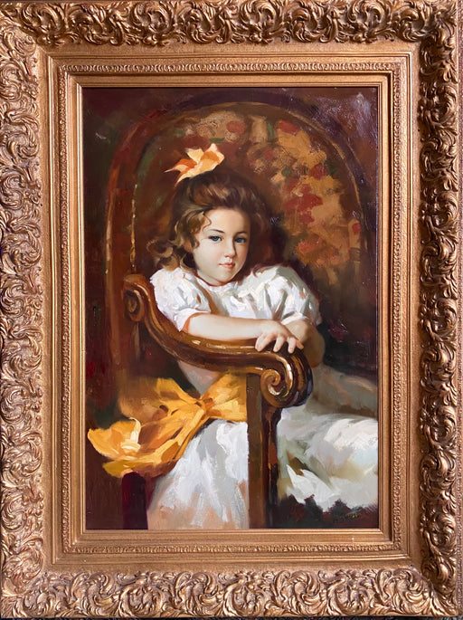 A. Sinar, Young Girl In Chair, oil, 49” x 37”x 3.5"-EZ Jewelry and Decor