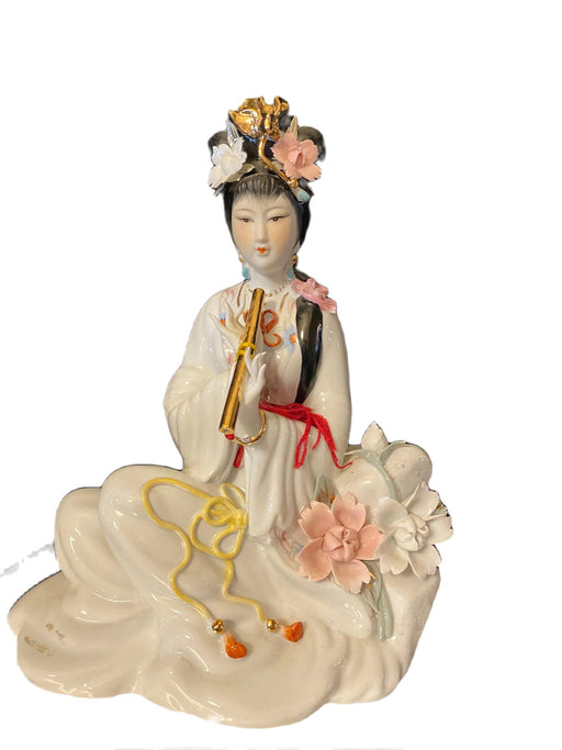 A Beautiful Geisha Playing Music Handcrafted, Hand Painted, Porcelain Statue, Signed By a Chinese Master.-EZ Jewelry and Decor