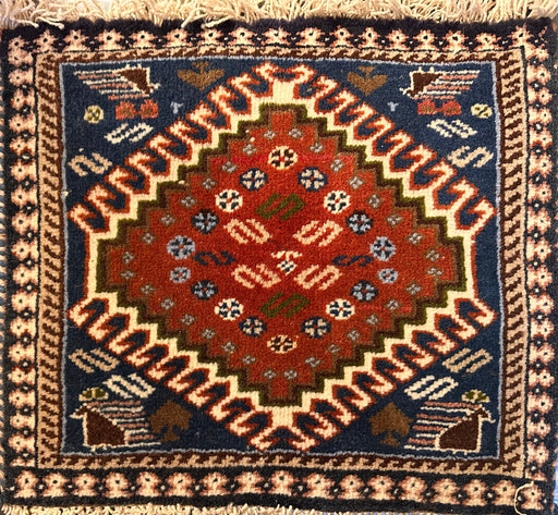 Small Hand Knotted Persian Rug, Bakhtiari Design Small Wool Rug, Blue and Red Geometric Rug, 17” x 15”-EZ Jewelry and Decor