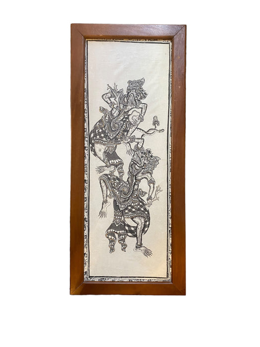 Vintage Framed Hanuman, Monkey God Fight, 35” x. 15.5”, Thai Ink On Fabric Textile Art-EZ Jewelry and Decor