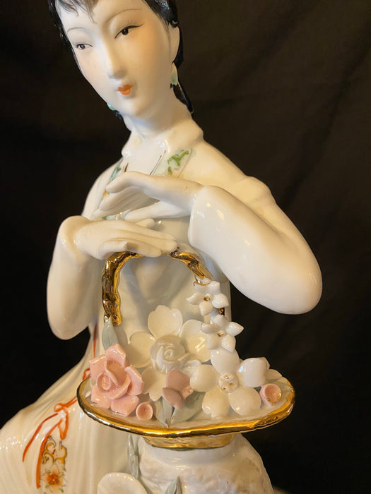 Vintage Geisha with Basket of Flowers Handcrafted, Hand Painted, Porcelain Statue, Signed By a Chinese Master.-EZ Jewelry and Decor