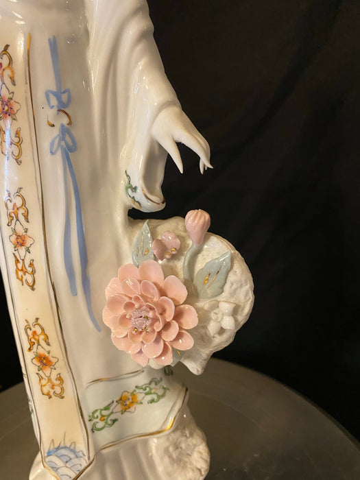 Vintage Handcrafted, Hand Painted, Porcelain Statue, Signed By a Chinese Master. Porcelain Figurine. A Chinese lady with Pink Flower-EZ Jewelry and Decor