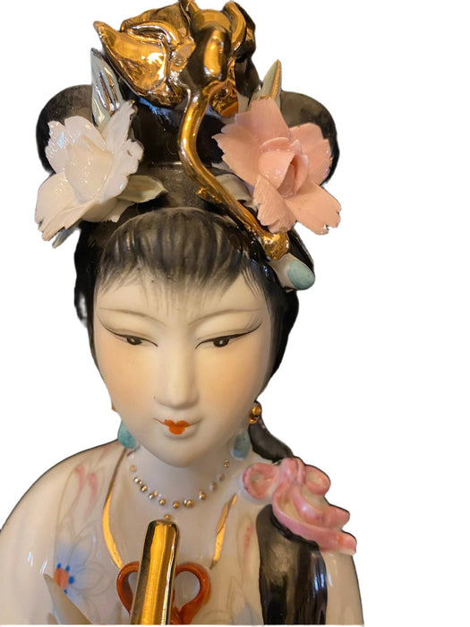 A Beautiful Geisha Playing Music Handcrafted, Hand Painted, Porcelain Statue, Signed By a Chinese Master.-EZ Jewelry and Decor