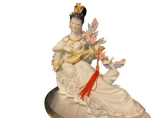 A Geisha Playing Lute. Handcrafted, Hand Painted, Porcelain Statue, Signed By a Chinese Master. 15.5” Vintage-EZ Jewelry and Decor