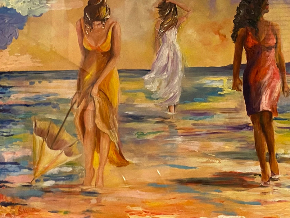 R. Mansourkhani , On a Beach. Original Oil Painting, 32” x 41”-EZ Jewelry and Decor