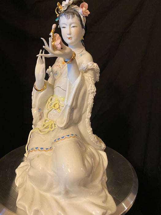 Geisha Holding a Flower. Vintage Handcrafted, Hand Painted, Porcelain Statue, Signed By a Chinese Master.-EZ Jewelry and Decor