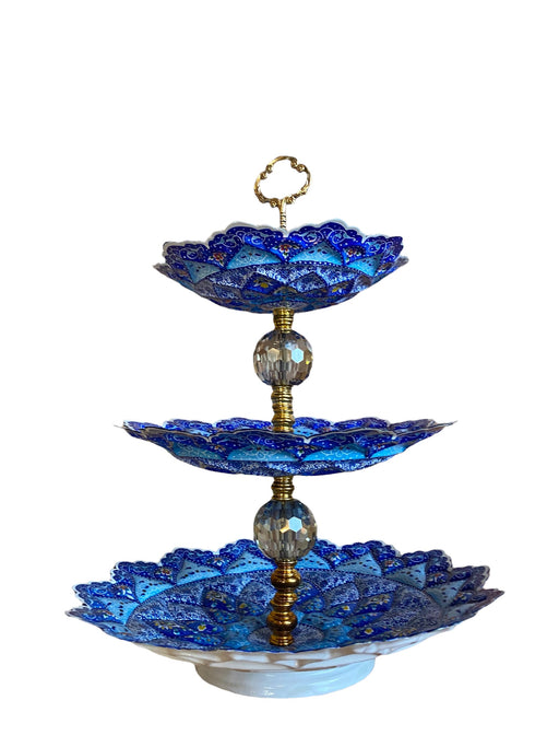 Minakari Persian Enamel Cake Stand, Hand Crafted, Hand Painted, Signed. 15”T-EZ Jewelry and Decor