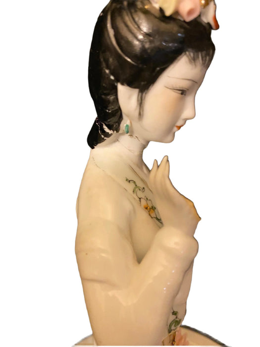 Lady with Pink Flower, Vintage Handcrafted, Hand Painted, Porcelain Statue, Signed By a Chinese Master. Porcelain Figurine.-EZ Jewelry and Decor