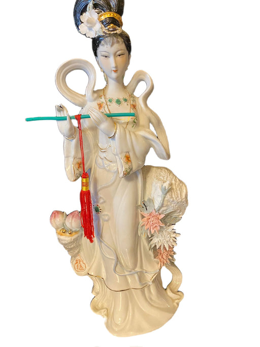 Geisha Playing Flute Porcelain Figurine Handcrafted, Hand Painted Signed 17"T-EZ Jewelry and Decor