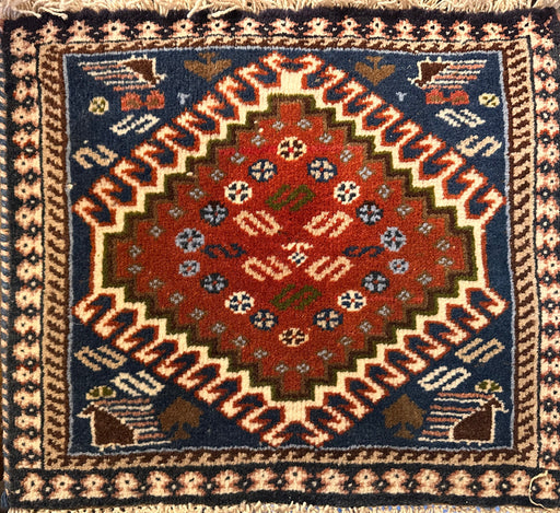 Small Hand Knotted Persian Rug, Bakhtiari Design Small Wool Rug, Blue and Red Geometric Rug, 17” x 15”-EZ Jewelry and Decor