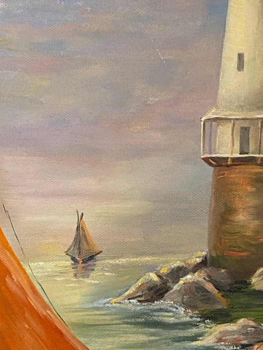 Light House and Boat, Acrylic painting Framed Original Painting. 20” x 16”-EZ Jewelry and Decor