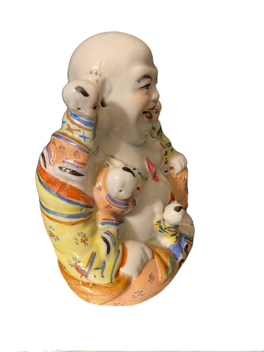 Vintage Chinese Laughing Buddha Fertility Sculpture. Chinese Famille Rose Republic Period Porcelain Buddha Kids Statue 7"-EZ Jewelry and Decor