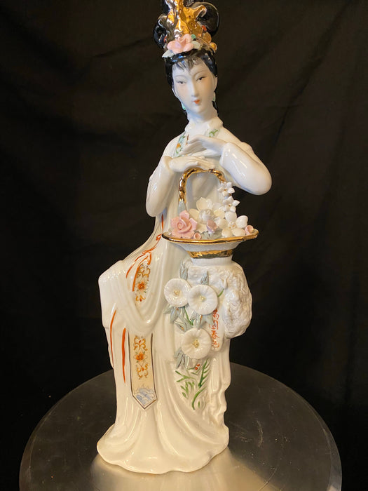 Vintage Geisha with Basket of Flowers Handcrafted, Hand Painted, Porcelain Statue, Signed By a Chinese Master.-EZ Jewelry and Decor