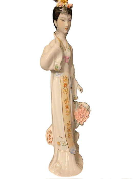 Lady with Pink Flower, Vintage Handcrafted, Hand Painted, Porcelain Statue, Signed By a Chinese Master. Porcelain Figurine.-EZ Jewelry and Decor