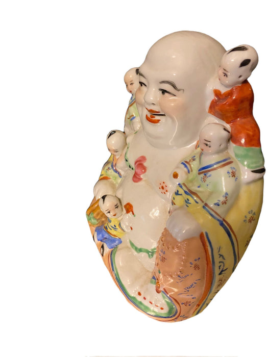 Vintage Chinese Laughing Buddha Fertility Sculpture. Chinese Famille Rose Republic Period Porcelain Buddha Kids Statue 7"-EZ Jewelry and Decor