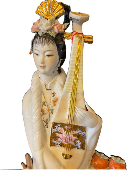 A Lady /Geisha is Playing Pipa . Vintage Handcrafted, Hand Painted, Porcelain Statue, Signed By a Chinese Master. Porcelain Figurine. 17.5"-EZ Jewelry and Decor