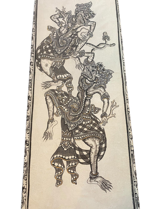 Vintage Framed Hanuman, Monkey God Fight, 35” x. 15.5”, Thai Ink On Fabric Textile Art-EZ Jewelry and Decor