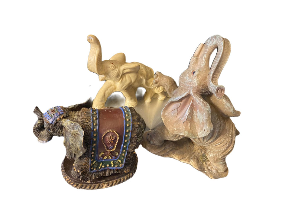 Three Elephants Figurines: MOTHER AND CALF, Indian elephant, African Elephant- 7”, 5” . 6.75” T-EZ Jewelry and Decor