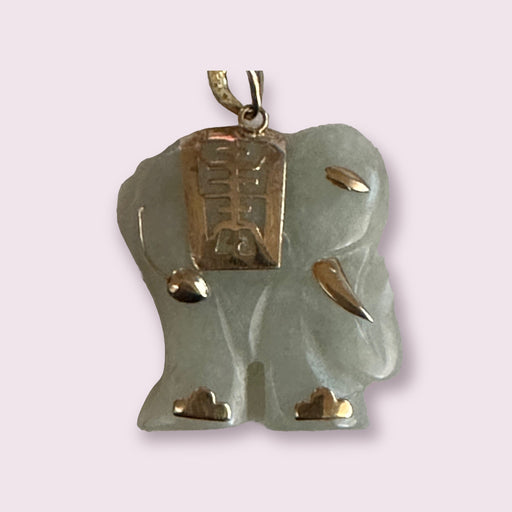 Jade and Gold Good Luck Elephant Charm Pendant 10k Gold and Jade. Vintage Hand Carved Jade Elephant Pendant 1.25in, Come In Gift Box-EZ Jewelry and Decor