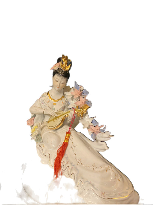 A Geisha Playing Music Porcelain Figurine. Handcrafted and signed. Vintage15.5"-EZ Jewelry and Decor