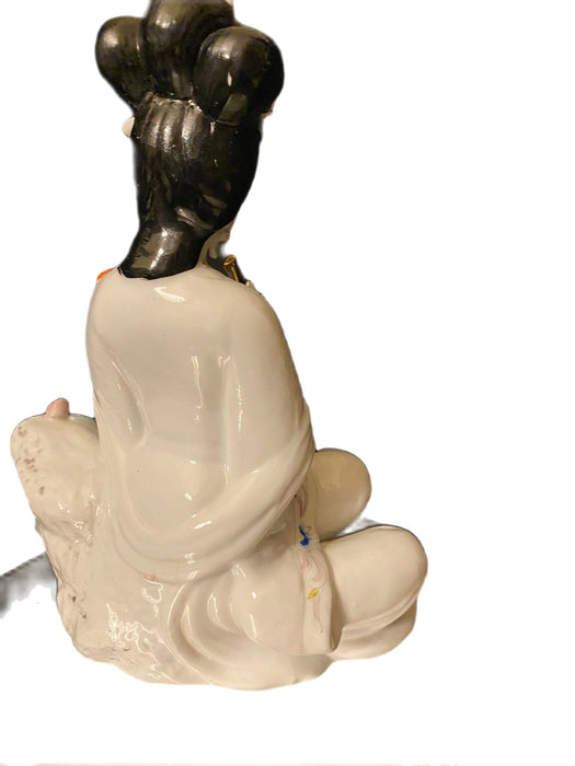 Vintage Chinese Lady Playing Flute, Hand crafted Porcelain Asian Figurine. signed. 10.5"-EZ Jewelry and Decor