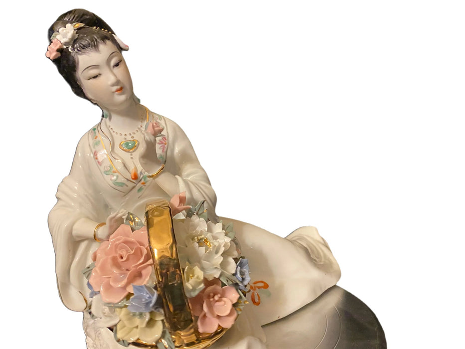 A Geisha Sitting with a Basket of Flowers.  Handcrafted, Hand Painted Porcelain Statue, Signed By a Chinese Master. 12"-EZ Jewelry and Decor