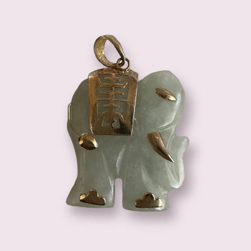 Jade and Gold Good Luck Elephant Charm Pendant 10k Gold and Jade. Vintage Hand Carved Jade Elephant Pendant 1.25in, Come In Gift Box-EZ Jewelry and Decor