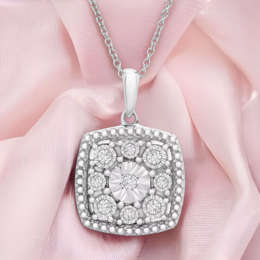 Lavish Diamond Cushion Cluster 18" Pendant Necklace (1/10 ct. t.w.) in Sterling Silver, Gift Boxed-EZ Jewelry and Decor