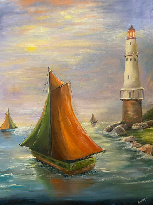 Light House and Boat, Acrylic painting Framed Original Painting. 20” x 16”-EZ Jewelry and Decor