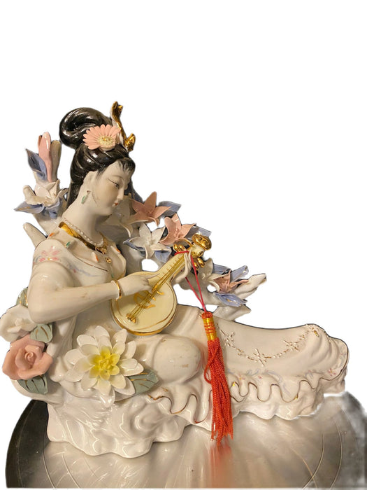 A Geisha Playing Music Porcelain Figurine. Handcrafted and signed. Vintage15.5"-EZ Jewelry and Decor