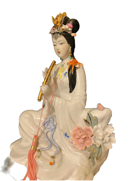 Vintage Chinese Lady Playing Flute, Hand crafted Porcelain Asian Figurine. signed. 10.5"-EZ Jewelry and Decor