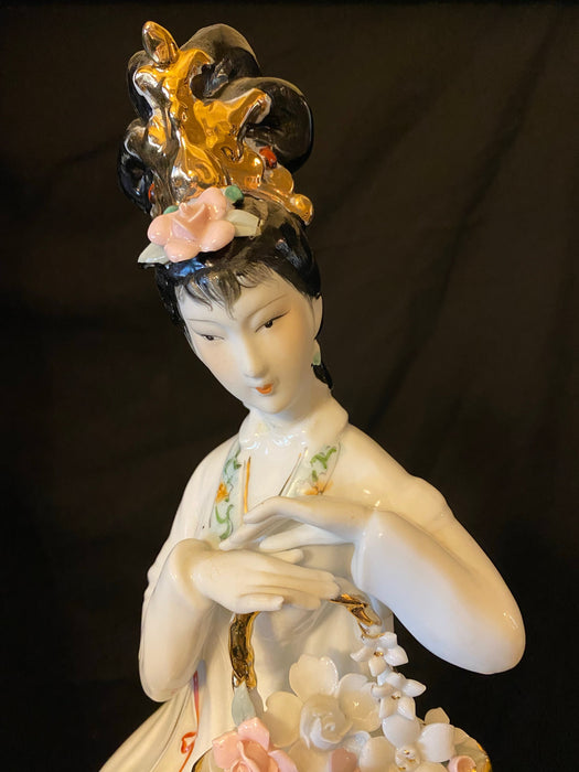 Vintage Geisha with Basket of Flowers Handcrafted, Hand Painted, Porcelain Statue, Signed By a Chinese Master.-EZ Jewelry and Decor