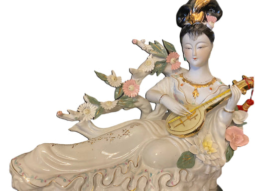 Vintage Handcrafted, Hand Painted, Porcelain Statue, Signed By a Chinese Master. Porcelain Figurine. Chinese Lady with a Music Instrument-EZ Jewelry and Decor