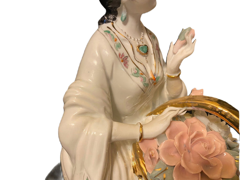 A Geisha Sitting with a Basket of Flowers.  Handcrafted, Hand Painted Porcelain Statue, Signed By a Chinese Master. 12"-EZ Jewelry and Decor