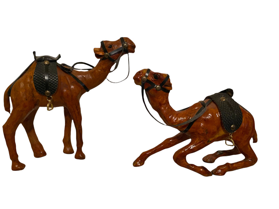 Vintage Two Leather Camels, Hand Crafted 7.5”T & 5.75” T-EZ Jewelry and Decor