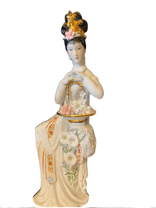 Vintage Geisha with Basket of Flowers Handcrafted, Hand Painted, Porcelain Statue, Signed By a Chinese Master.-EZ Jewelry and Decor