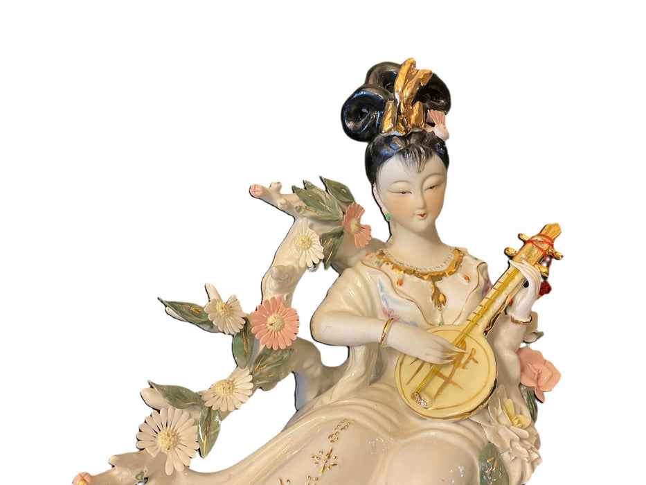 Vintage Handcrafted, Hand Painted, Porcelain Statue, Signed By a Chinese Master. Porcelain Figurine. Chinese Lady with a Music Instrument-EZ Jewelry and Decor