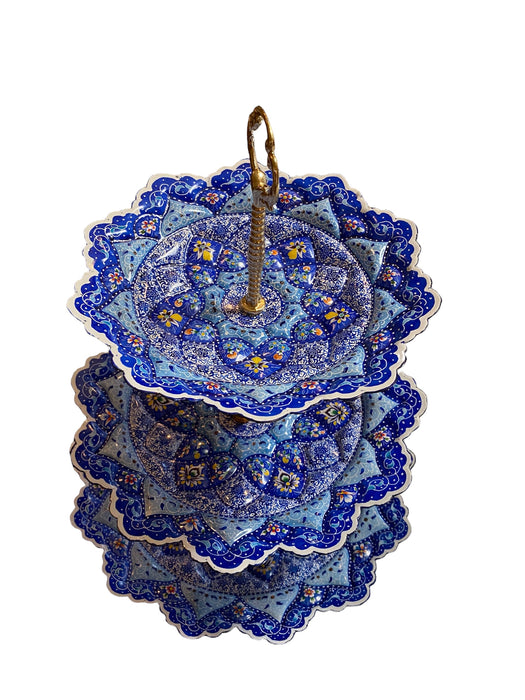 Minakari Persian Enamel Cake Stand, Hand Crafted, Hand Painted, Signed. 15”T-EZ Jewelry and Decor