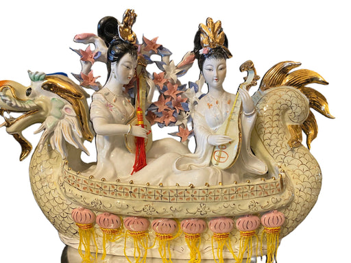 Vintage Handcrafted, Hand Painted, Porcelain Statue, Signed By a Chinese Master. Porcelain Figurine. Ladies Playing Instruments in Dragon Float (Large)-EZ Jewelry and Decor