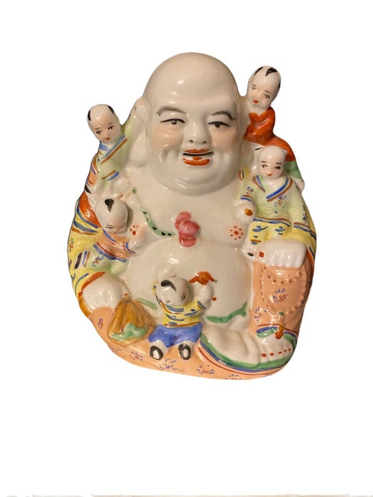 Vintage Chinese Laughing Buddha Fertility Sculpture. Chinese Famille Rose Republic Period Porcelain Buddha Kids Statue 7"-EZ Jewelry and Decor