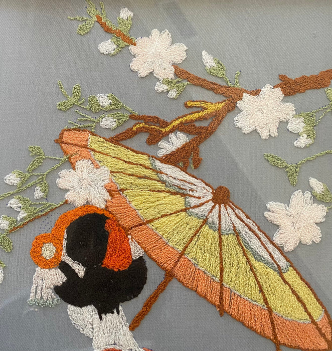 Framed Japanese Embroidered Geisha, Walk in Spring, Art, 23” x 14 “-EZ Jewelry and Decor