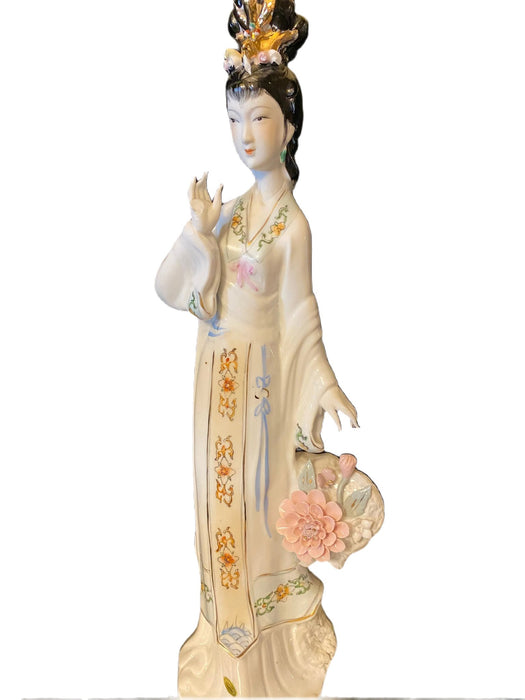 Vintage Handcrafted, Hand Painted, Porcelain Statue, Signed By a Chinese Master. Porcelain Figurine. A Chinese lady with Pink Flower-EZ Jewelry and Decor