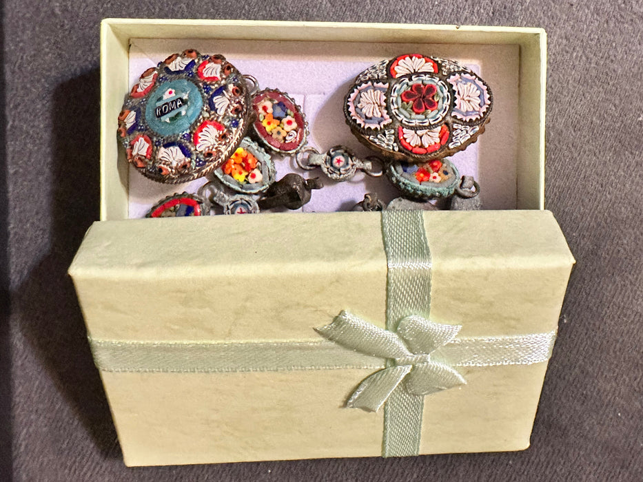 Antique Italian Mili Fiori Micro Mosiac BraceletAnd Two Brooches Set, Gift Boxed-EZ Jewelry and Decor