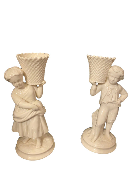 2 Porcelain Figurine,Girl Basket Carrier-Boy Basket Carrier by Belleek Ireland 8.75"x3.75",vintage-EZ Jewelry and Decor