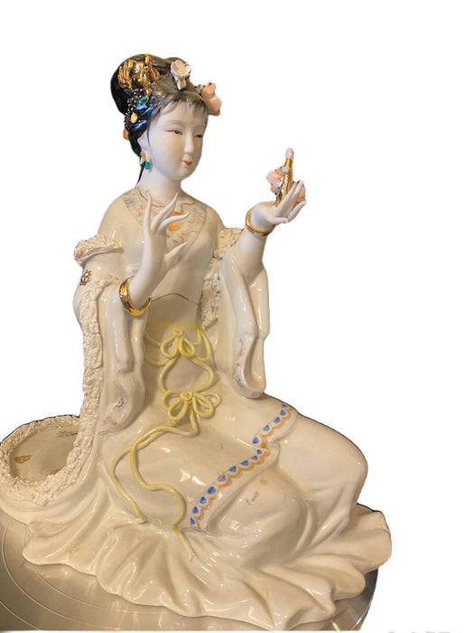 Geisha Holding a Flower. Vintage Handcrafted, Hand Painted, Porcelain Statue, Signed By a Chinese Master.-EZ Jewelry and Decor