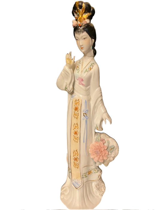 Lady with Pink Flower, Vintage Handcrafted, Hand Painted, Porcelain Statue, Signed By a Chinese Master. Porcelain Figurine.-EZ Jewelry and Decor