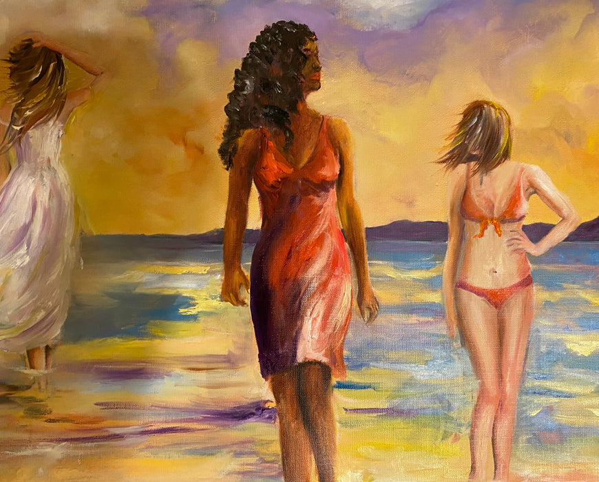 R. Mansourkhani , On a Beach. Original Oil Painting, 32” x 41”-EZ Jewelry and Decor