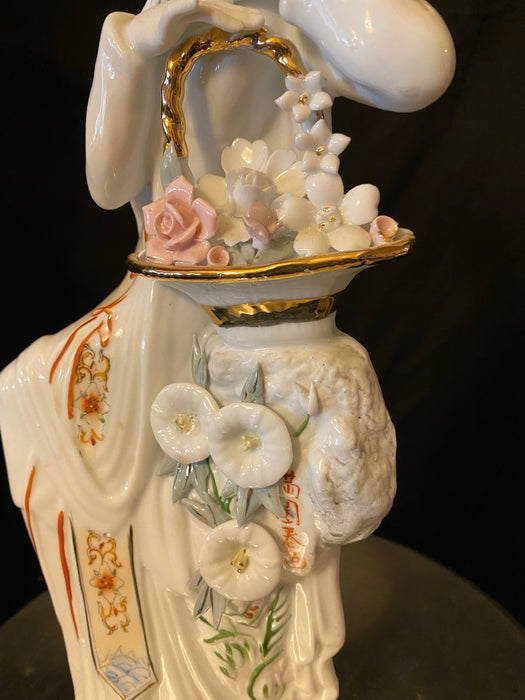 Vintage Geisha with Basket of Flowers Handcrafted, Hand Painted, Porcelain Statue, Signed By a Chinese Master.-EZ Jewelry and Decor