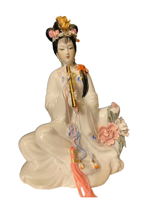 Vintage Chinese Lady Playing Flute, Hand crafted Porcelain Asian Figurine. signed. 10.5"-EZ Jewelry and Decor